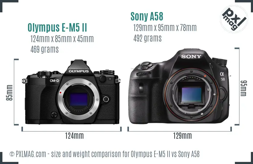 Olympus E-M5 II vs Sony A58 size comparison Olympus E-M5 II vs Sony A58 size comparison