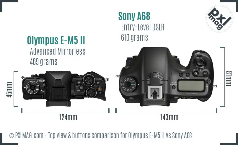 Olympus E-M5 II vs Sony A68 top view buttons comparison