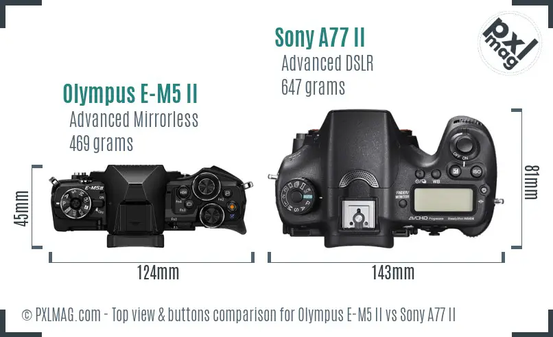 Olympus E-M5 II vs Sony A77 II top view buttons comparison