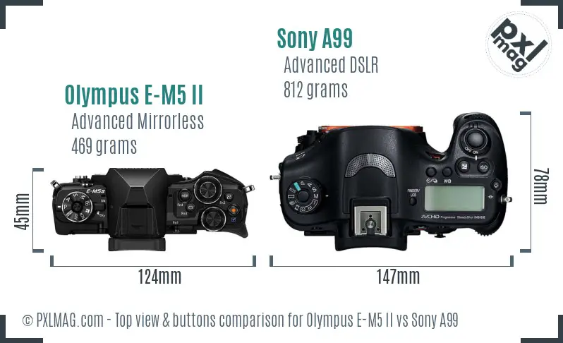 Olympus E-M5 II vs Sony A99 top view buttons comparison