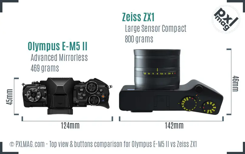 Olympus E-M5 II vs Zeiss ZX1 top view buttons comparison Olympus E-M5 II vs Zeiss ZX1 top view buttons comparison