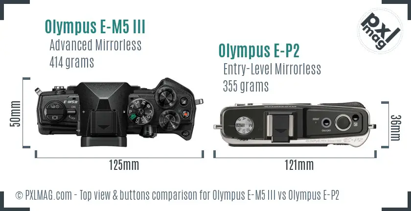 Olympus E-M5 III vs Olympus E-P2 top view buttons comparison