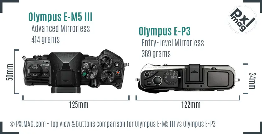 Olympus E-M5 III vs Olympus E-P3 top view buttons comparison