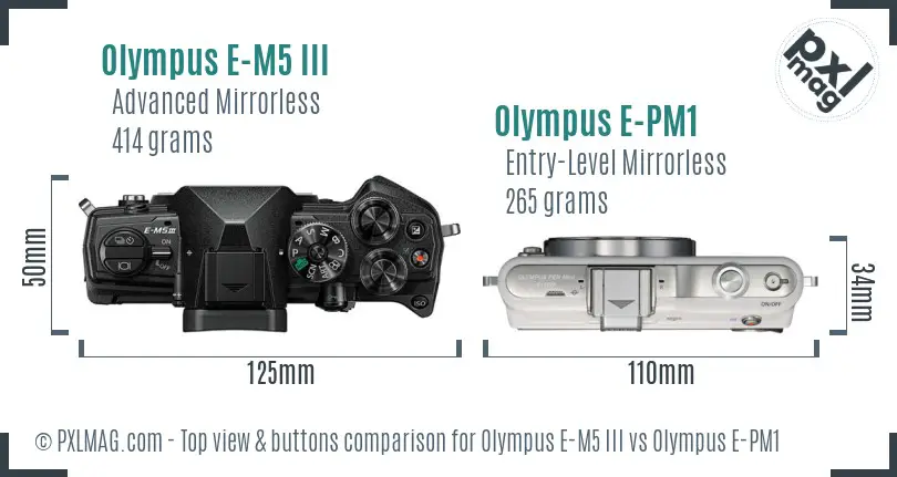 Olympus E-M5 III vs Olympus E-PM1 top view buttons comparison