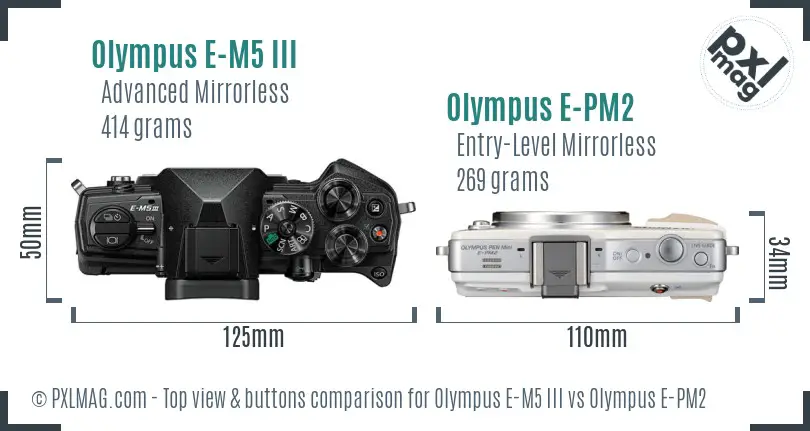 Olympus E-M5 III vs Olympus E-PM2 top view buttons comparison