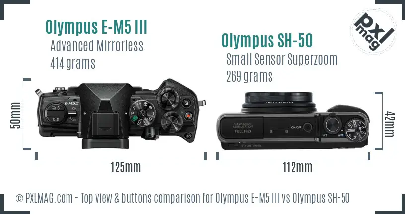 Olympus E-M5 III vs Olympus SH-50 top view buttons comparison