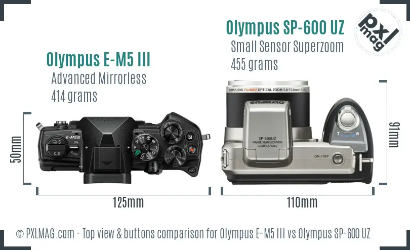 Olympus E-M5 III vs Olympus SP-600 UZ top view buttons comparison
