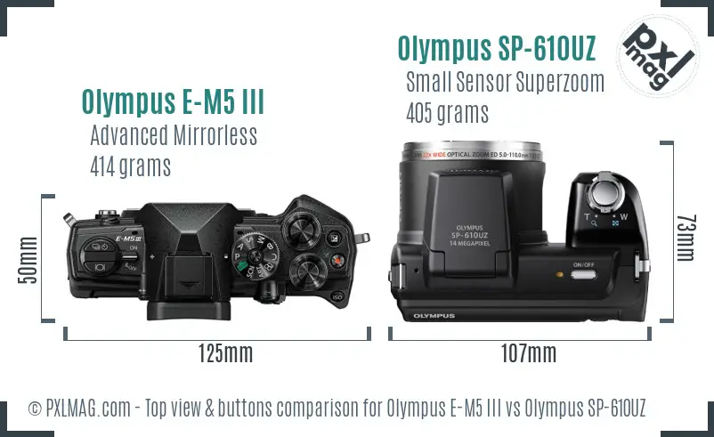 Olympus E-M5 III vs Olympus SP-610UZ top view buttons comparison