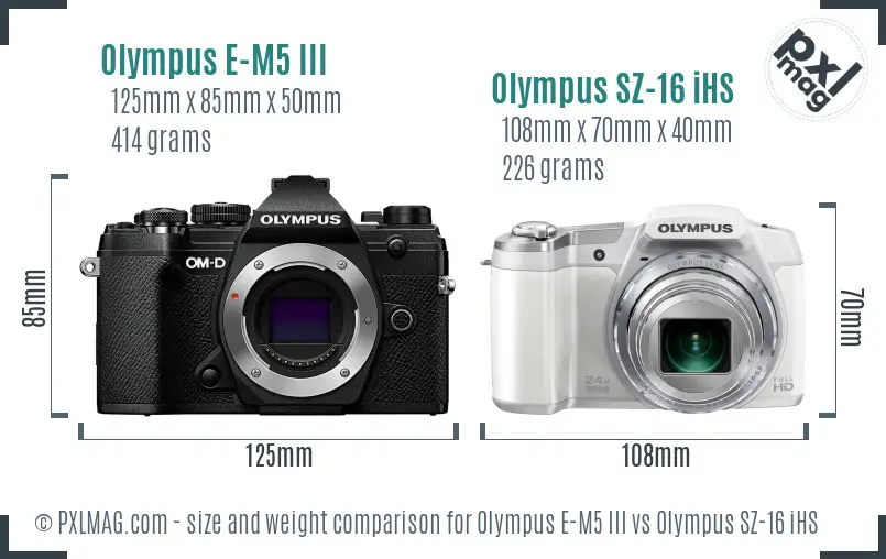 Olympus E-M5 III vs Olympus SZ-16 iHS size comparison