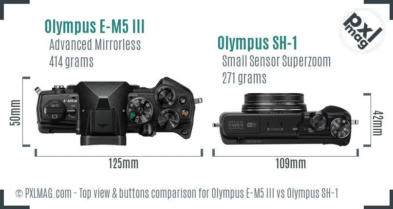 Olympus E-M5 III vs Olympus SH-1 top view buttons comparison