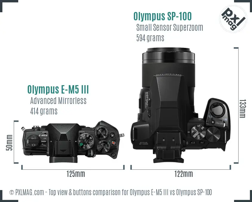 Olympus E-M5 III vs Olympus SP-100 top view buttons comparison