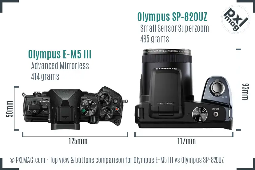 Olympus E-M5 III vs Olympus SP-820UZ top view buttons comparison