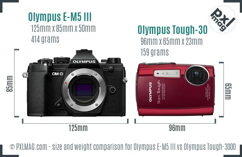 Olympus E-M5 III vs Olympus Tough-3000 size comparison