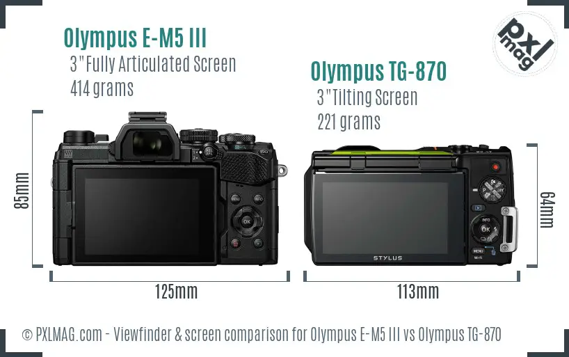 Olympus E-M5 III vs Olympus TG-870 Screen and Viewfinder comparison