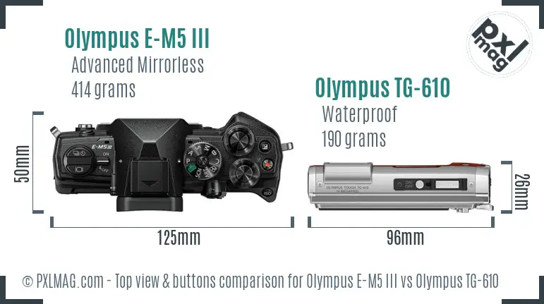 Olympus E-M5 III vs Olympus TG-610 top view buttons comparison