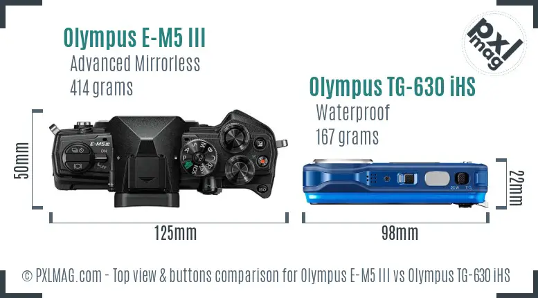 Olympus E-M5 III vs Olympus TG-630 iHS top view buttons comparison