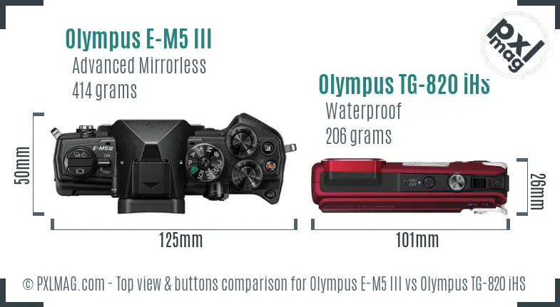 Olympus E-M5 III vs Olympus TG-820 iHS top view buttons comparison