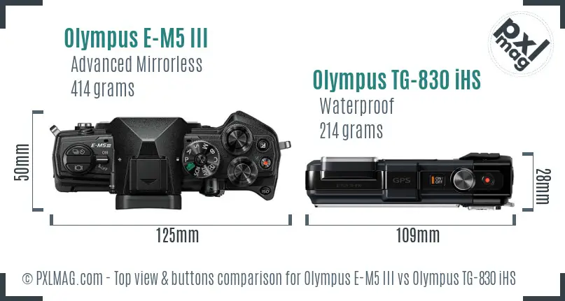 Olympus E-M5 III vs Olympus TG-830 iHS top view buttons comparison