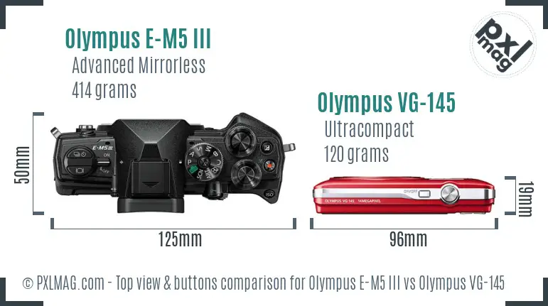 Olympus E-M5 III vs Olympus VG-145 top view buttons comparison