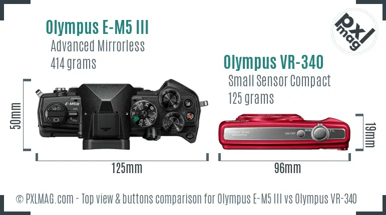 Olympus E-M5 III vs Olympus VR-340 top view buttons comparison