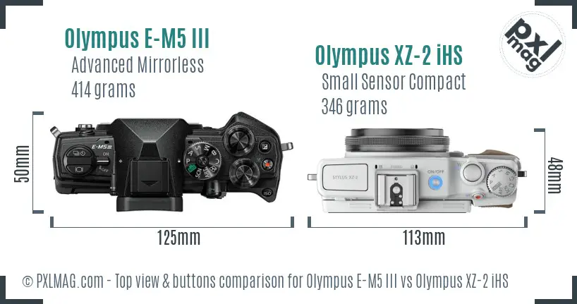 Olympus E-M5 III vs Olympus XZ-2 iHS top view buttons comparison
