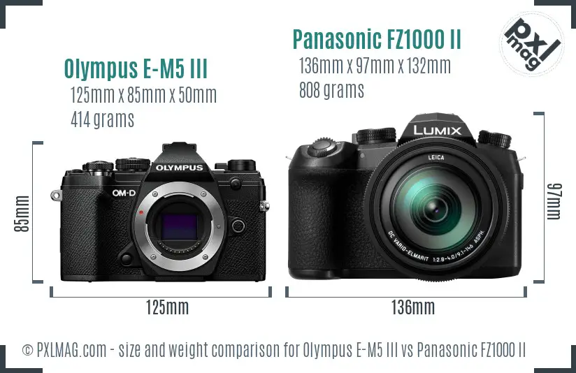 Olympus E-M5 III vs Panasonic FZ1000 II size comparison
