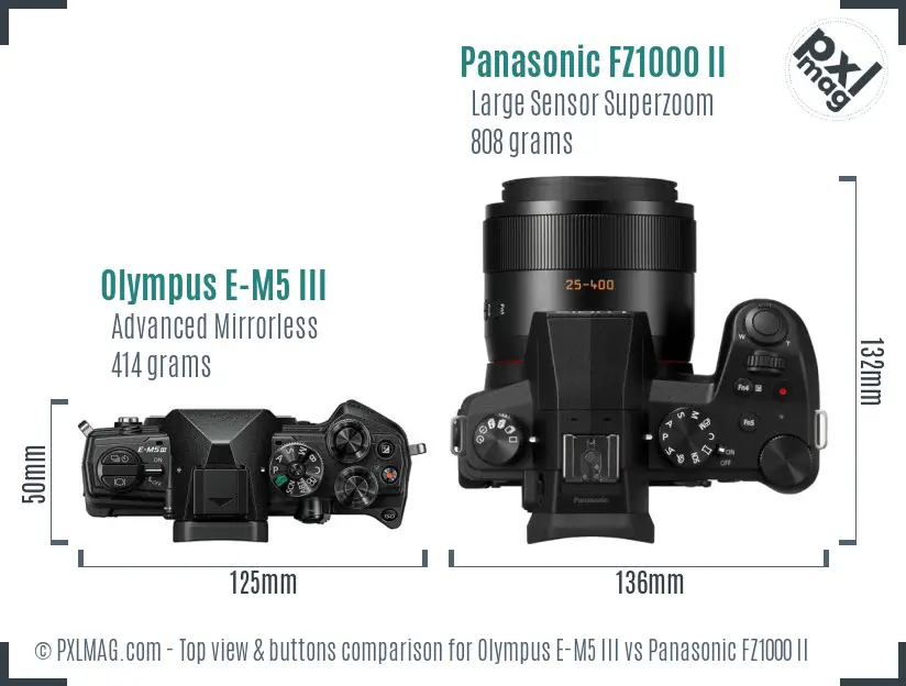 Olympus E-M5 III vs Panasonic FZ1000 II top view buttons comparison