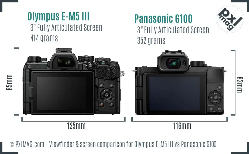 Olympus E-M5 III vs Panasonic G100 Screen and Viewfinder comparison