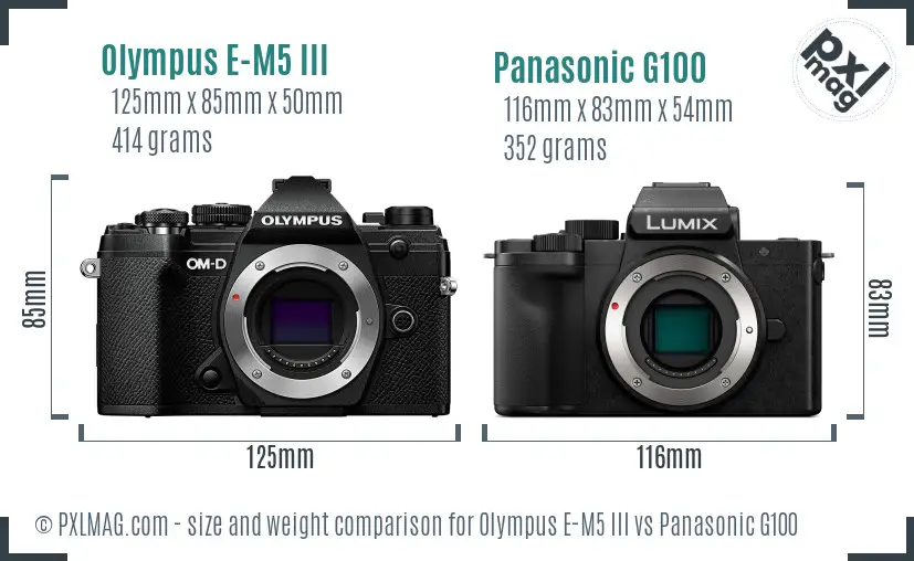 Olympus E-M5 III vs Panasonic G100 size comparison