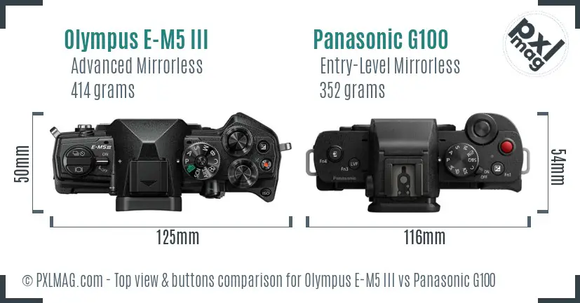 Olympus E-M5 III vs Panasonic G100 top view buttons comparison