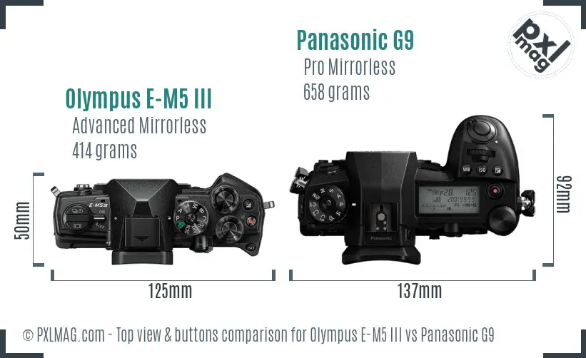 Olympus E-M5 III vs Panasonic G9 top view buttons comparison
