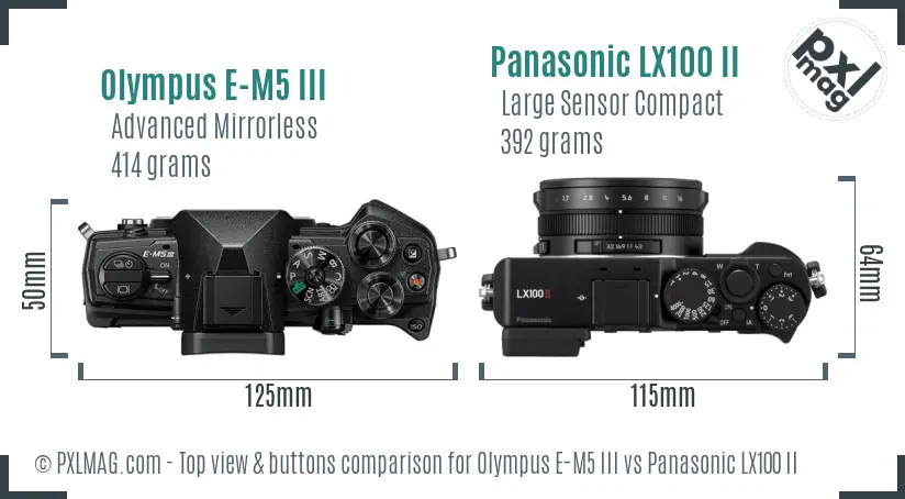 Olympus E-M5 III vs Panasonic LX100 II top view buttons comparison