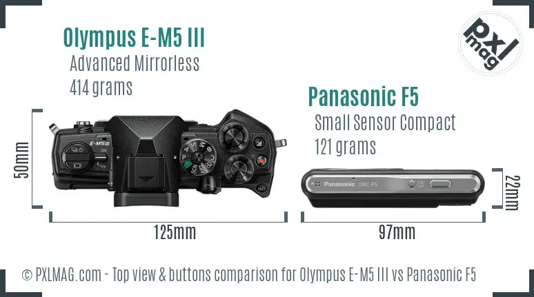 Olympus E-M5 III vs Panasonic F5 top view buttons comparison