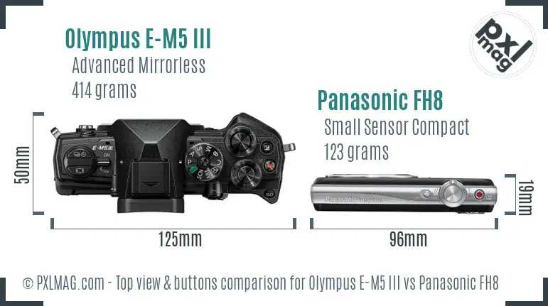 Olympus E-M5 III vs Panasonic FH8 top view buttons comparison