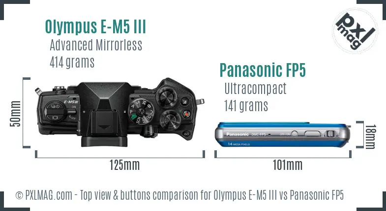 Olympus E-M5 III vs Panasonic FP5 top view buttons comparison