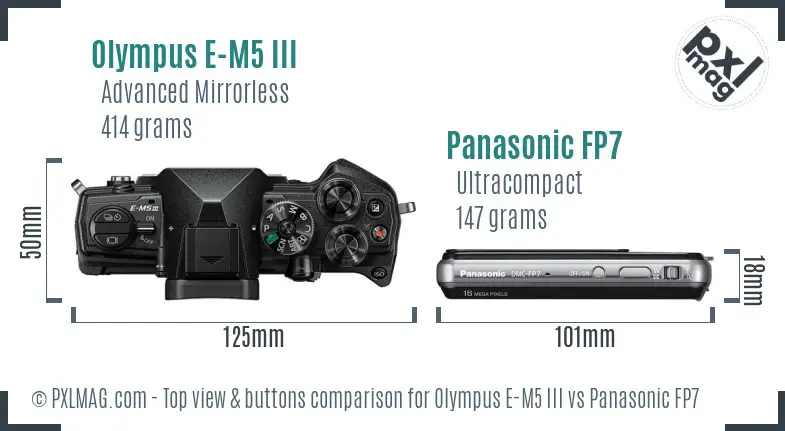 Olympus E-M5 III vs Panasonic FP7 top view buttons comparison