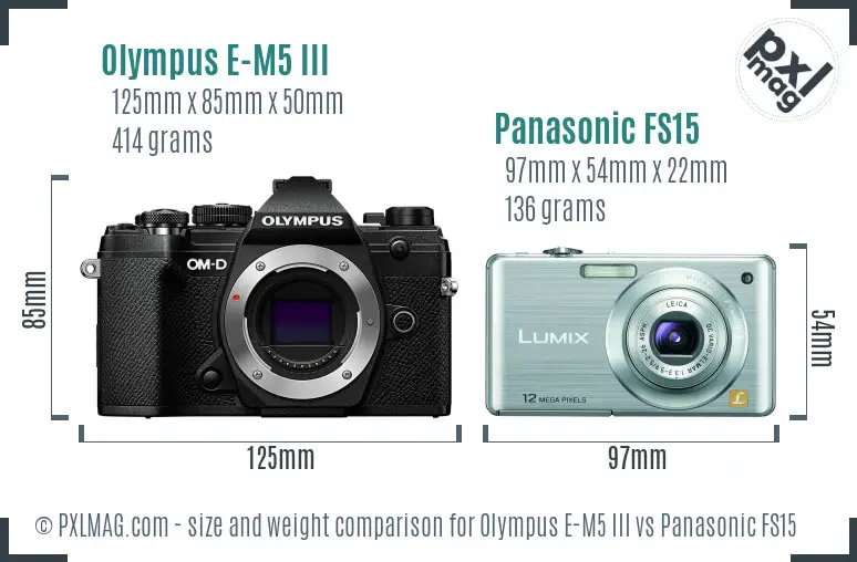 Olympus E-M5 III vs Panasonic FS15 size comparison