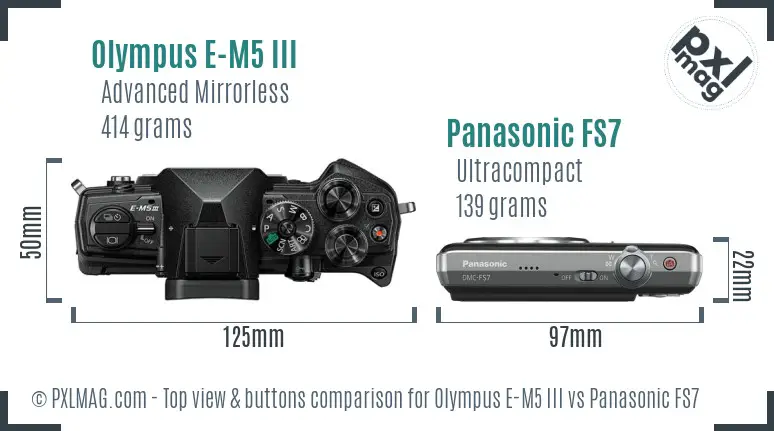 Olympus E-M5 III vs Panasonic FS7 top view buttons comparison