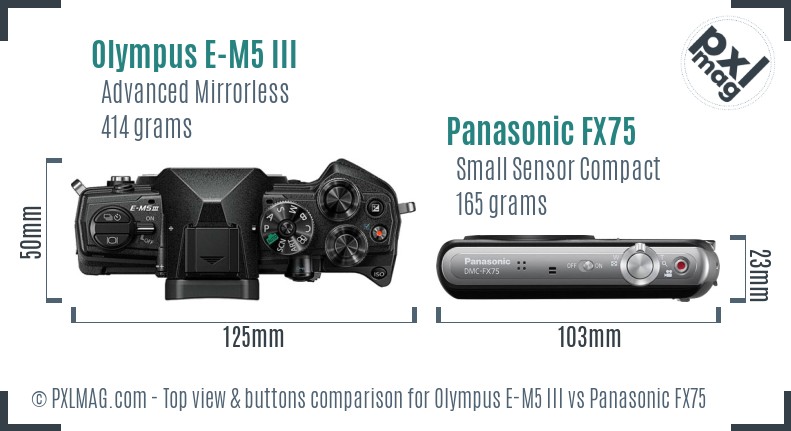 Olympus E-M5 III vs Panasonic FX75 top view buttons comparison