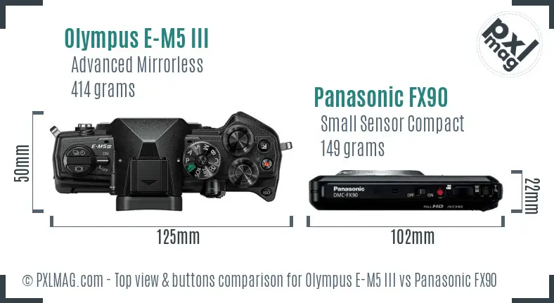 Olympus E-M5 III vs Panasonic FX90 top view buttons comparison