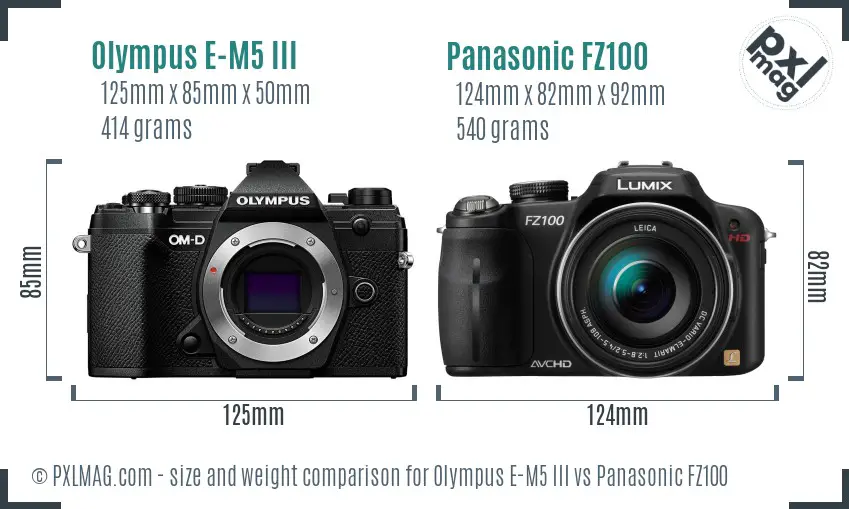 Olympus E-M5 III vs Panasonic FZ100 size comparison