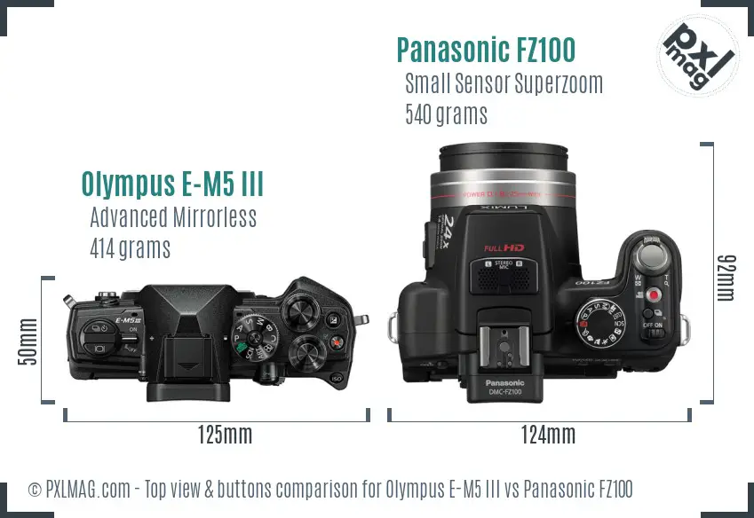 Olympus E-M5 III vs Panasonic FZ100 top view buttons comparison