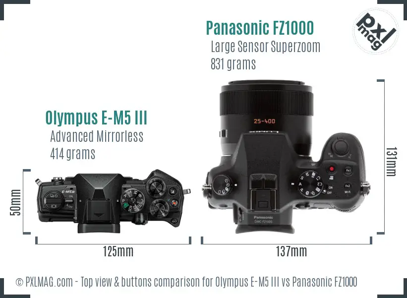 Olympus E-M5 III vs Panasonic FZ1000 top view buttons comparison