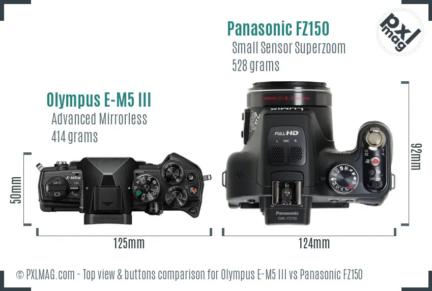 Olympus E-M5 III vs Panasonic FZ150 top view buttons comparison
