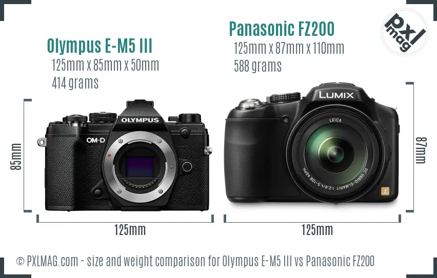Olympus E-M5 III vs Panasonic FZ200 size comparison