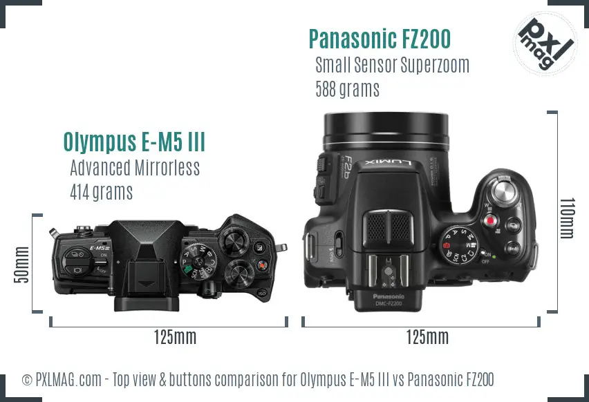 Olympus E-M5 III vs Panasonic FZ200 top view buttons comparison