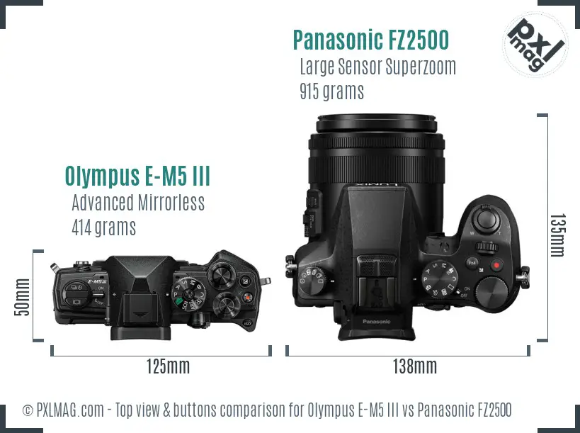 Olympus E-M5 III vs Panasonic FZ2500 top view buttons comparison