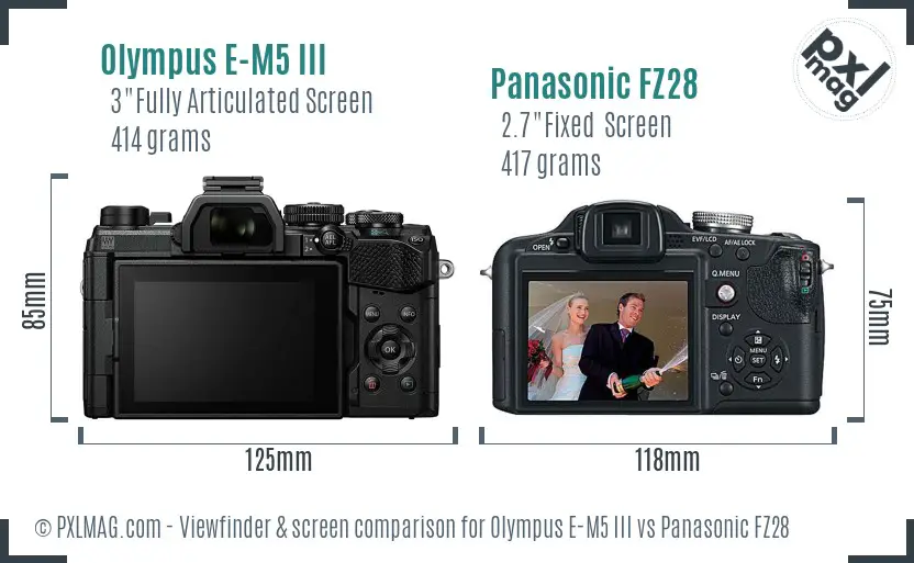 Olympus E-M5 III vs Panasonic FZ28 Screen and Viewfinder comparison