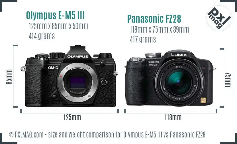 Olympus E-M5 III vs Panasonic FZ28 size comparison