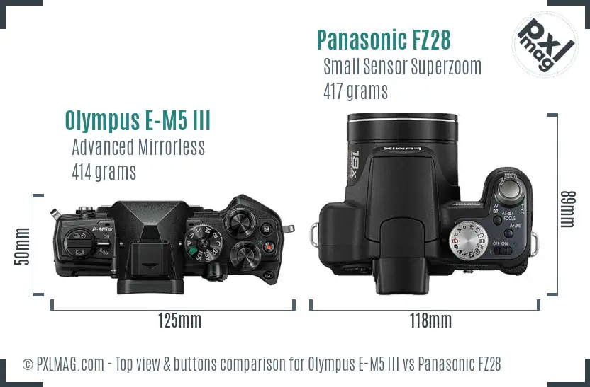 Olympus E-M5 III vs Panasonic FZ28 top view buttons comparison